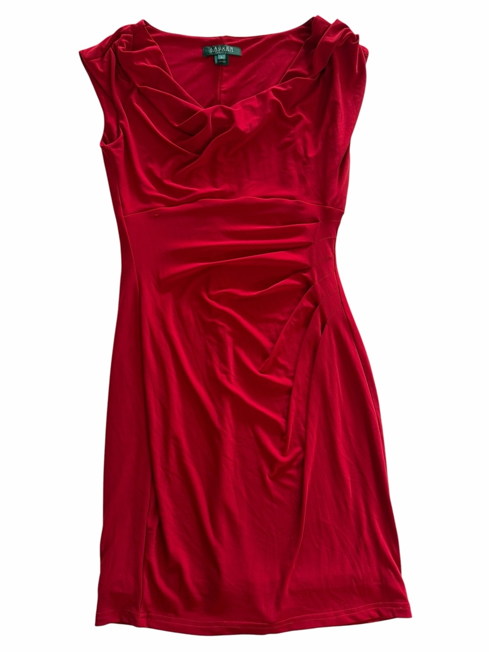 Lauren Ralph Lauren Red Draped Cocktail Dress Size 4 Elegant Ruched Sheath
